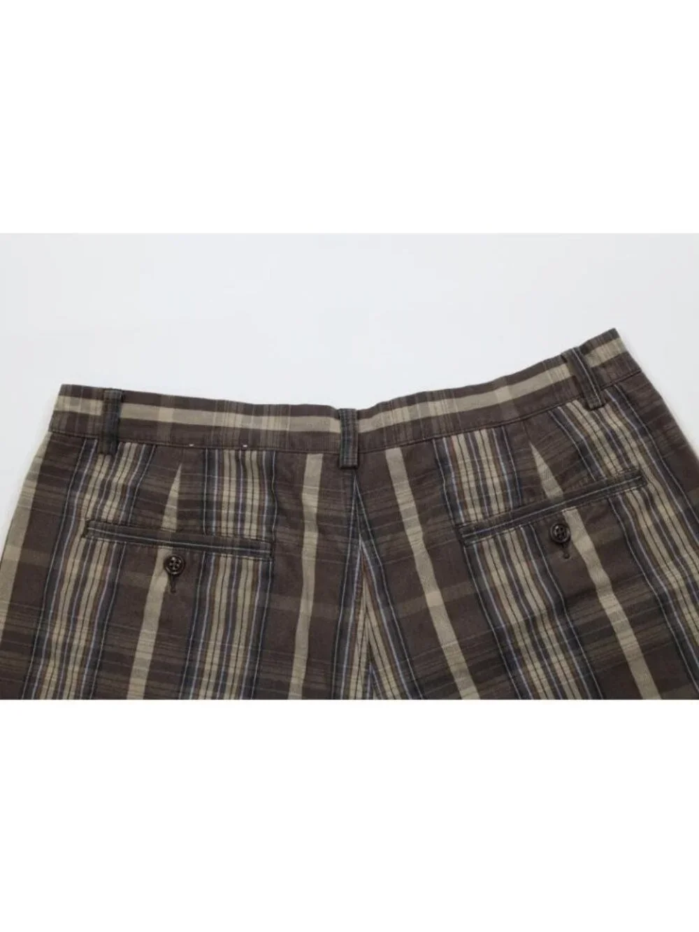 Vintage 90s Y2K J Crew Mens 36 Faded Button Fly Canvas Cotton Shorts Brown Plaid